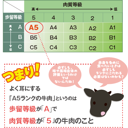 つまり、よく耳にする「A5ランク」というのは、歩留等級がAで、肉質等級が5の肉のこと